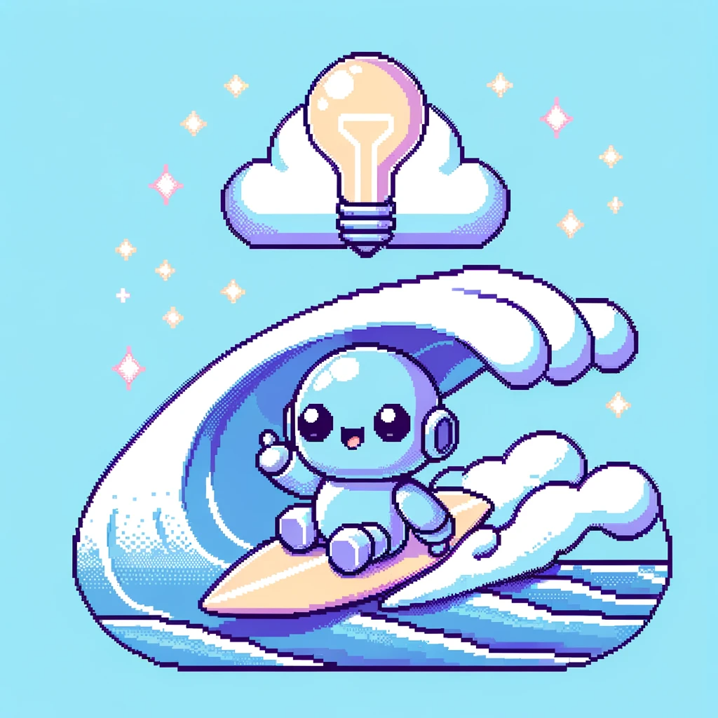 baby robot surfing a wave, having an idea