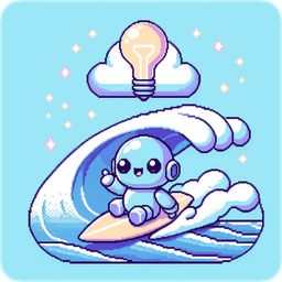 baby robot surfing a wave, having an idea